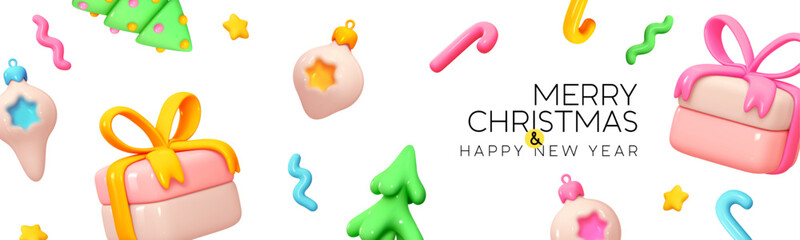 Wall Mural - horizontal christmas banner, web poster, header for website. new year design realistic 3d gift boxes