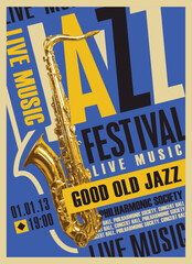 Wall Mural - Vector poster for jazz music festival and live music concert with golden saxophone and inscriptions. Music banner, flyer, cover, invitation, ticket in retro style background