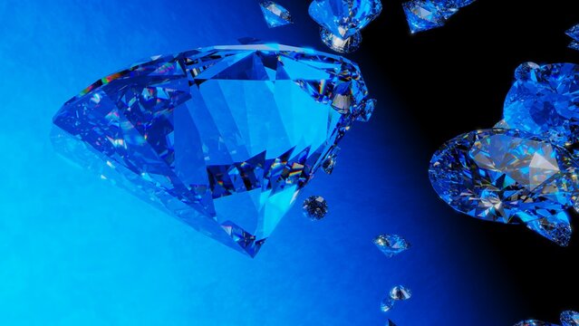 Shiny Diamonds on black-blue surface background. Concept 3D CG of luxury living, expensive things and high added value.