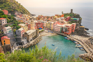 Wall Mural - Vernazza bay above cliffs, Cinque Terre, Liguria, Italy with boats