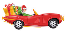 Santa Claus Elf Driving Vintage Old Car Delivering Gifts For Merry Christmas Card With Transparent Background