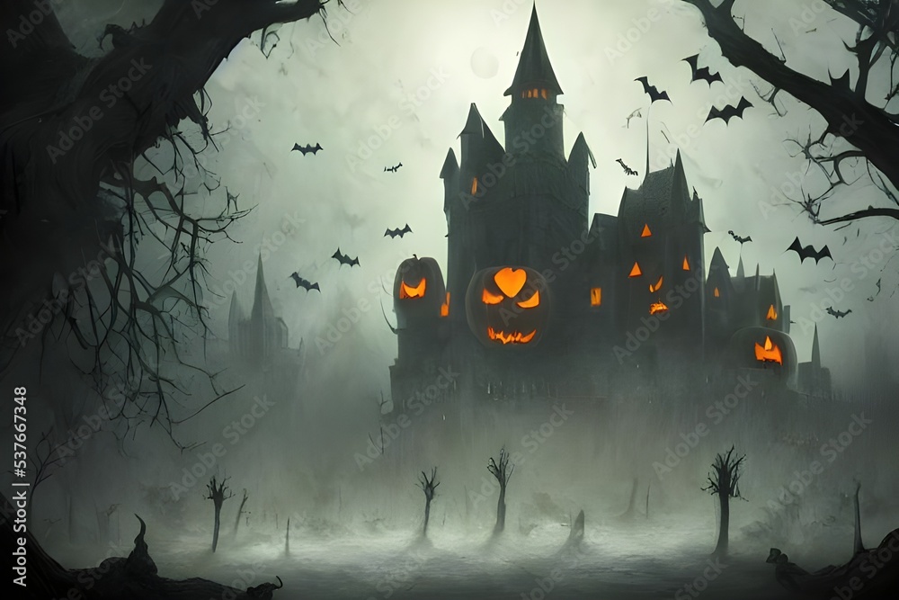 The Halloween scary castle is imposing and foreboding. It's towers are ...