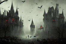 I am standing in front of an old, abandoned castle on Halloween night. The wind is blowing and the leaves are rustling. I can hear bats screeching in the distance. The door to the castle is open and I