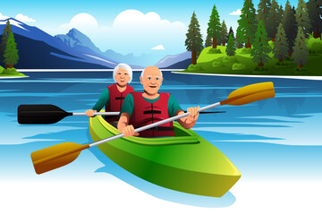 Sticker - Senior Mature Elderly Retired Couple Canoeing Vector Illustration