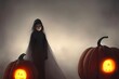 I see two large, orange pumpkins resting on a wooden porch. They are engulfed in flames, and the flickering light casts an eerie glow on the surrounding trees and bushes. The leaves of the trees are t