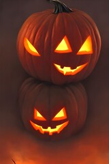 Wall Mural - A cluster of carved out pumpkins with toothy grins and lopsided eyes sits on the front doorstep. A half-eaten apple rests next to them, along with a few flattened pieces of candy wrappers.