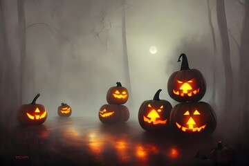 Wall Mural - A bunch of orange pumpkins with scary faces carved into them sit outside in the dark.