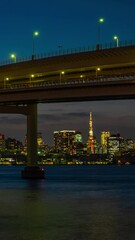 Wall Mural - cityscape of tokyo skyline, vertical time lapse video of office building at tokyo bay in the evening