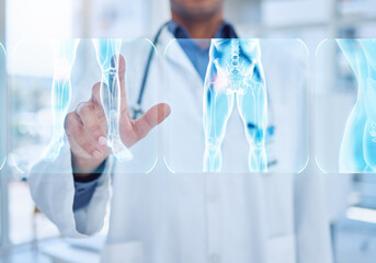 Aufkleber - Doctor, man or hands and 3D xray of abstract body scan, injury or skeleton ai in surgery, cancer research or hospital healthcare science. Zoom, x ray or medical interface of bone vr in human hologram