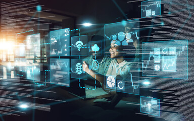 Poster - Digital transformation, black people and group networking on computer. Overlay, ai and business people on ui, technology or ux and futuristic big data, 5g network and social connection in dark office