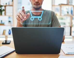 Poster - Hands, laptop or futuristic online shopping hologram search, internet research or 3d augmented reality in office for contact us. Digital code, ecommerce or AI tech for digital or social media app