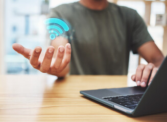 Fototapete - Overlay, wifi and entrepreneur with internet connection for fast browsing or searching online via laptop signal device, Digital, hologram and person networking on a global ai app or secure website
