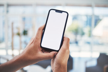 Poster - Smartphone, screen mock up and business hands for mobile app, digital marketing or social media advertising in office bokeh. Corporate cellphone for software technology, logo or website mockup space