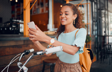 Sticker - Bicycle, smartphone and black woman in city using phone for social media, carbon footprint and outdoor online communication. Student, travel bike and 5g cellphone internet search for urban wellness