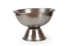An Old Metal Bowl On A White Background.