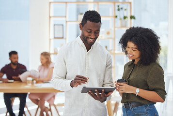 Poster - Happy, business people and success on tablet for team collaboration or meeting at the office. Black man and woman working on touchscreen in research for company marketing and advertising in workplace