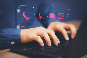 Poster - Man using a computer laptop and touching on technology virtual screen contact icons ( phone, email, address, live chat, map ). Contact us or Customer support hotline people connect.