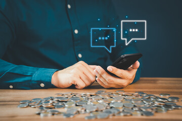 Poster - Man hand using smartphone typing live chat chatting on application communication digital web and social network concept. Social media application chat box.