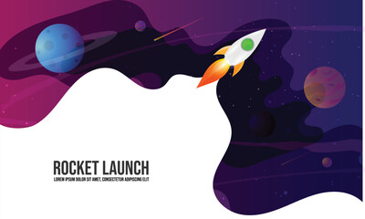 Rocket launch and space background with abstract shape and planets. Web design. space exploring. vector illustration