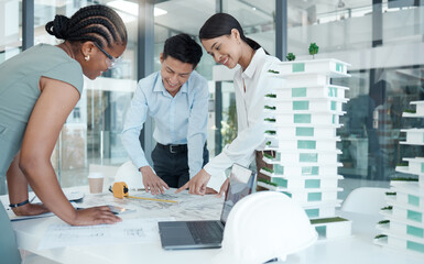 Poster - Team, architect and talking about construction in office for building, planning and new strategy collaboration.Blueprint, teamwork and engineer group brainstorming plans, in workplace and workspace.
