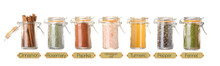 Set Of Aromatic Spices In Jars On White Background