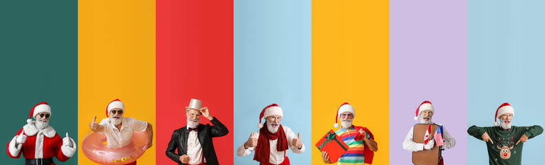 Set of cool Santa Claus on colorful background