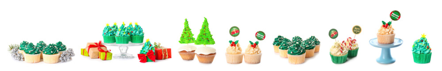 Wall Mural - Set of many tasty Christmas cupcakes isolated on white