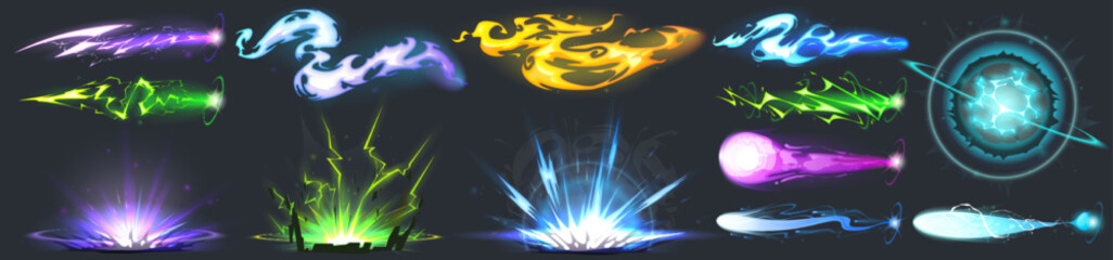 Poster - set of vfx neon light effects isolated on black background. cartoon vector illustration of colorful 