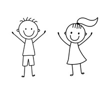 Cute Stick Smiling Happy Girl And Boy. Vector Illustration In Doodle Style Isolated On White. Kids Wave Hands