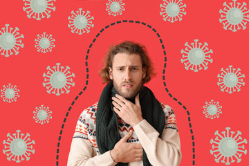 Wall Mural - Ill man with sore throat and drawn virus on red background. Concept of immunity