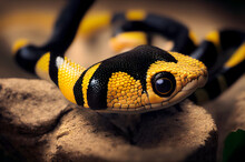 Close Up Of A Snake With Yellow And Black Stripes