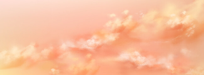 Wall Mural - Fantastic peach sky background with soft pink cloud texture. Pastel heaven or paradise background. Amazing sunset or sunrise natural cloudscape. Religion and hope. Realistic vector illustration
