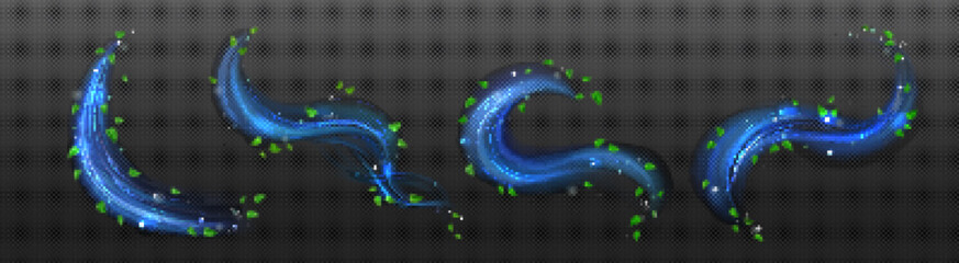 Wall Mural - freshness effect, blue air or wind flow with green leaves. glow waves and swirls, wand trails, fresh