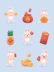 Wall Mural - Chinese New Year with cute rabbit character or mascot, red paper bag with orange and lantern with money, vector cartoon style, Chinese translation: Blessing and money