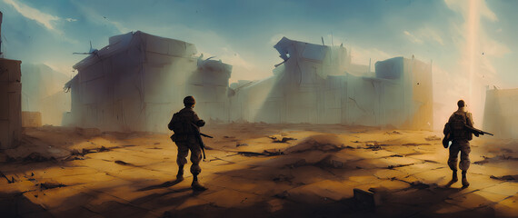 Wall Mural - Artistic concept painting of a soldiers on battlefield, background illustration.