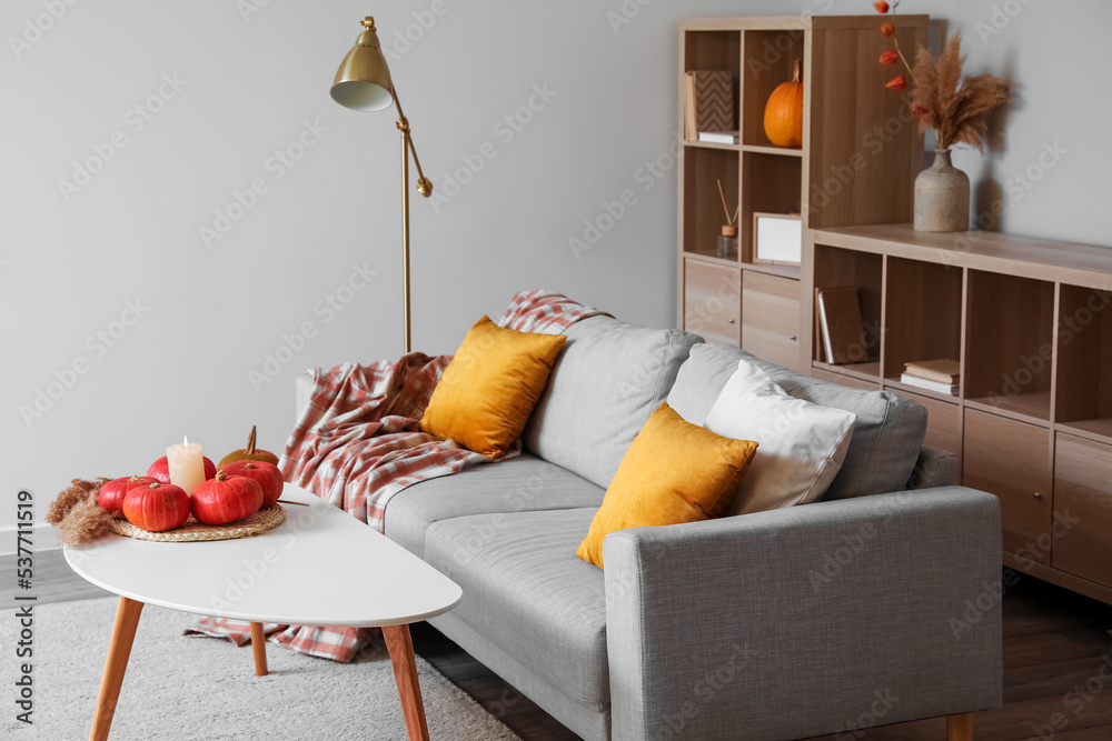 Interior of cozy living room with pumpkins, table and sofa