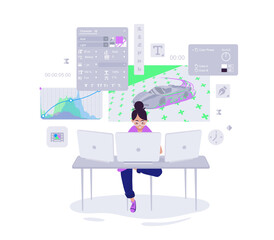 Poster - Motion designer creating video project on multiple monitors