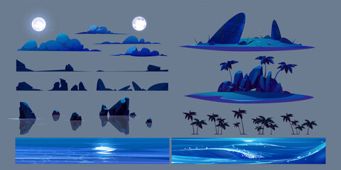Wall Mural - Elements of tropical sea beach landscape at night. Blue seascape, ocean waves, islands with sand coast, palm trees and mountains, clouds and full moon, vector cartoon set