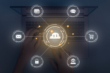 double exposure stack of socials icon, photos, message, cart, bank, key, letter, cloud on dark backg