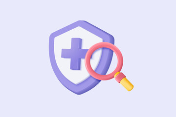 3d purple plus sign with search icon or magnifying glass in blank background. First aid and health care with minimal style. Medical symbol of emergency help. 3d aid icon vector render illustration