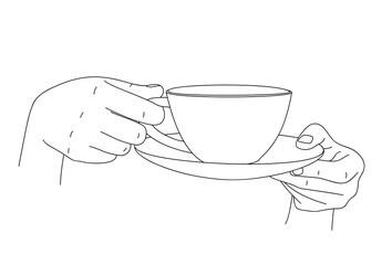 Female hands gracefully hold cup of tea or coffee and saucer. Sketch, linear drawing. Morning cup of coffee. Elegant tea pair, mug and saucer for hot drinks. Warm up with hot tea in cold weather