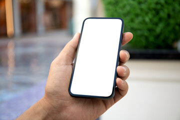 man hand holding phone isolated screen background of street