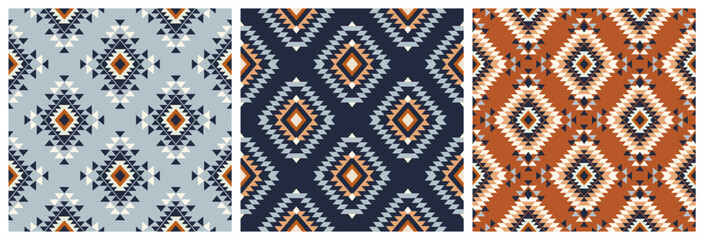 Tribal navajo seamless pattern. Color mexican, aztec and maya ornament, ethnic stylish fabric geometric print wallpaper texture vector set. Unique folk, national culture collection