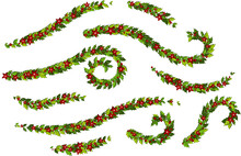 Christmas Decorations Withholly Leaves, Red Poinsettia Flowers And White Snow, Ornamental Design Elements Collection.