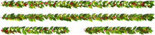 Christmas Decorations With Red And White Poinsettia Flowers And Holly Leaves And Red Berries With Snow. Horizontal Garlands