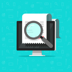 Poster - Online receipt bill check fraud verification vector or payment invoice inspect review via magnifying glass digital electronic on computer pc 3d graphic illustration, price cost spend examine image