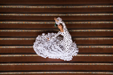 Wall Mural - Young teenage woman in white dance suit with black polka dots and green carnations in her hair doing flamenco poses on a ladder, top view. Flamenco concept, dance, art, typical Spanish dance.