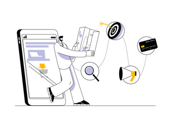 Aufkleber - A user with a map exits the phone along a trajectory with various icons. Vector illustration on the theme of the customer journey.