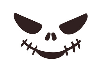 Wall Mural - Scary Halloween face stencil, silhouette with creepy sewed smile, stitched mouth. Spooky monster character with evil facial expression, emotion. Flat vector illustration isolated on white background