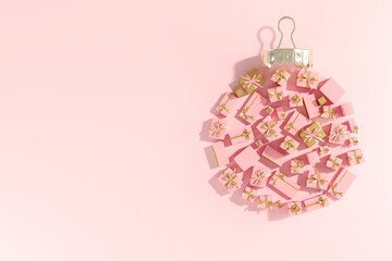 Fototapete - Christmas objects laid out in the shape of a Christmas bauble made from gift box. 3D Rendering. Minimal idea Christmas.

